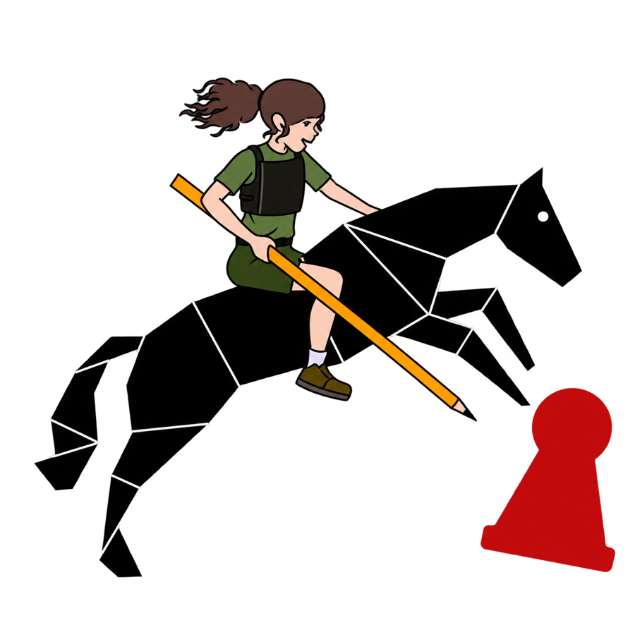 Das Sprungbrettle-Pferd mit Reiterin, Bleistift und roter Spielfigur