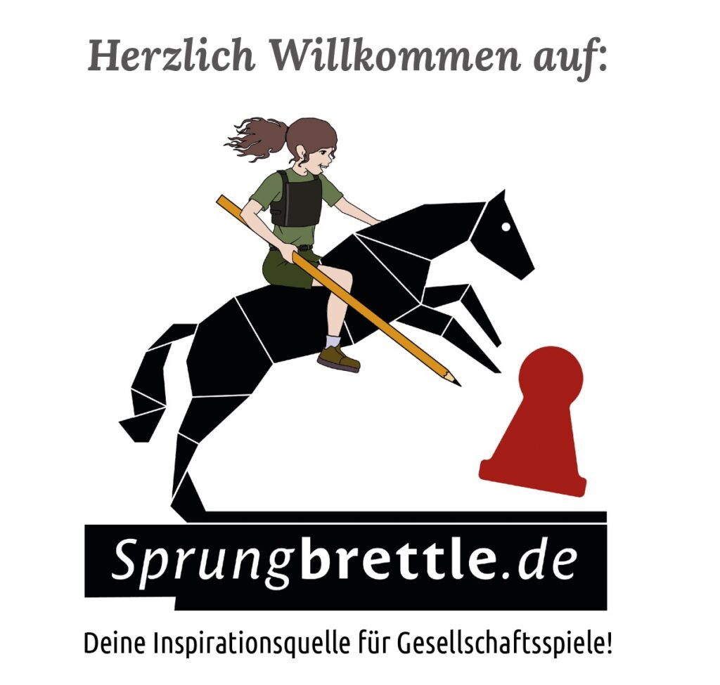 Auf einem Spielbrett seht ihr in weißer Schrift den Namen Sprungbrettle. Aus dem Spielbrett entwickelt sich nach oben ein schwarzes Pferd. Der Stil des Pferdes lehnt an eine Origami-Falttechnik an. Die vorderen Hufe befinden sich in der Luft und es sieht aus, als ob das Pferd auf dem vor ihm stehende rote Holzfigur zureitet. Auf dem Pferd sitzt ein Mädchen mit braunen Schuhen, weißen Socken, heller Haut, lockigen braunen Haaren, die zu einem Zopf gebunden sind. Ihre kurze Hose ist dunkelgrün. Ihr T-Shirt ist ebenfalls in grün gehalten. Darüber trägt sie eine kurze schwarze Schutzweste. Sie hat einen geöffneten, fröhlich drein schauenden Mund und blickt mit wachen Augen auf die rote Spielfigur. In der rechten Hand hält sie einen gelben, spitzen Bleistift, mit dem sie auf die Spielfigur zielt. Mit der anderen Hand hält sie sich am Hals des Pferdes fest. Sprungbrettle.de - Deine Inspirationsquelle für Gesellschaftsspiele!