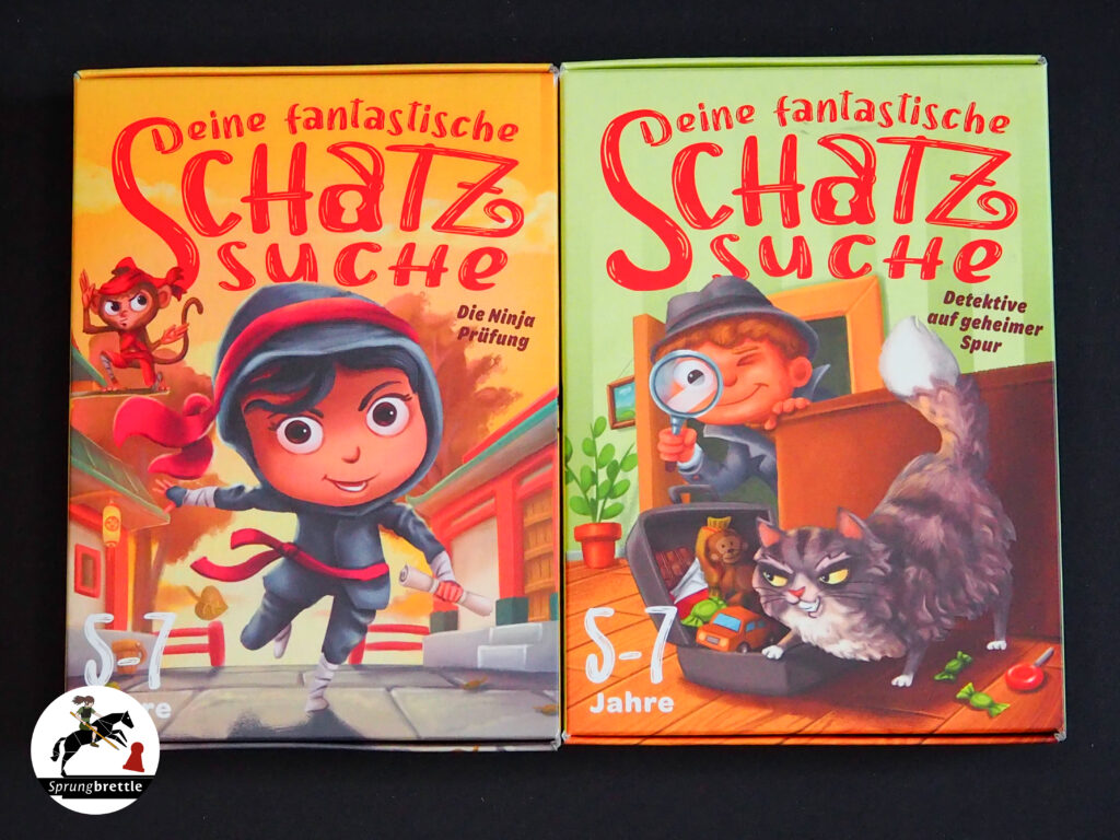 Deine fantastische Schatzsuche (Die Ninja Prüfung und Detektive auf geheimer Spur) lieben nebeneinander auf schwarzem Hintergrund