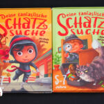 Deine fantastische Schatzsuche (Die Ninja Prüfung und Detektive auf geheimer Spur) lieben nebeneinander auf schwarzem Hintergrund
