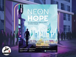 Das Cover des Kartenspiels "NEON HOPE" mittig vor einer Illustration des futuristischen Clubs Syphon. Links unten steht das Sprungbrettle-Logo.